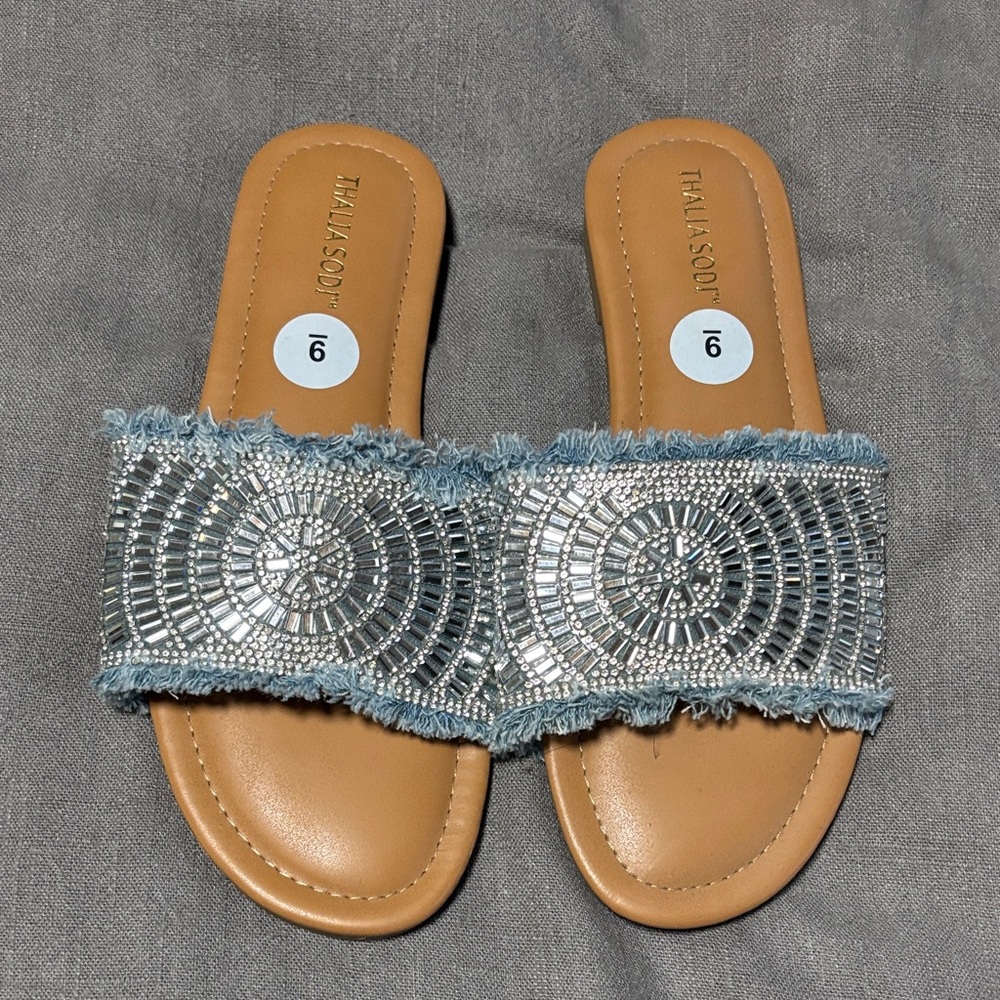 Thalia Sodi Light Blue Denim Trim Silver Beaded Slide Sandals